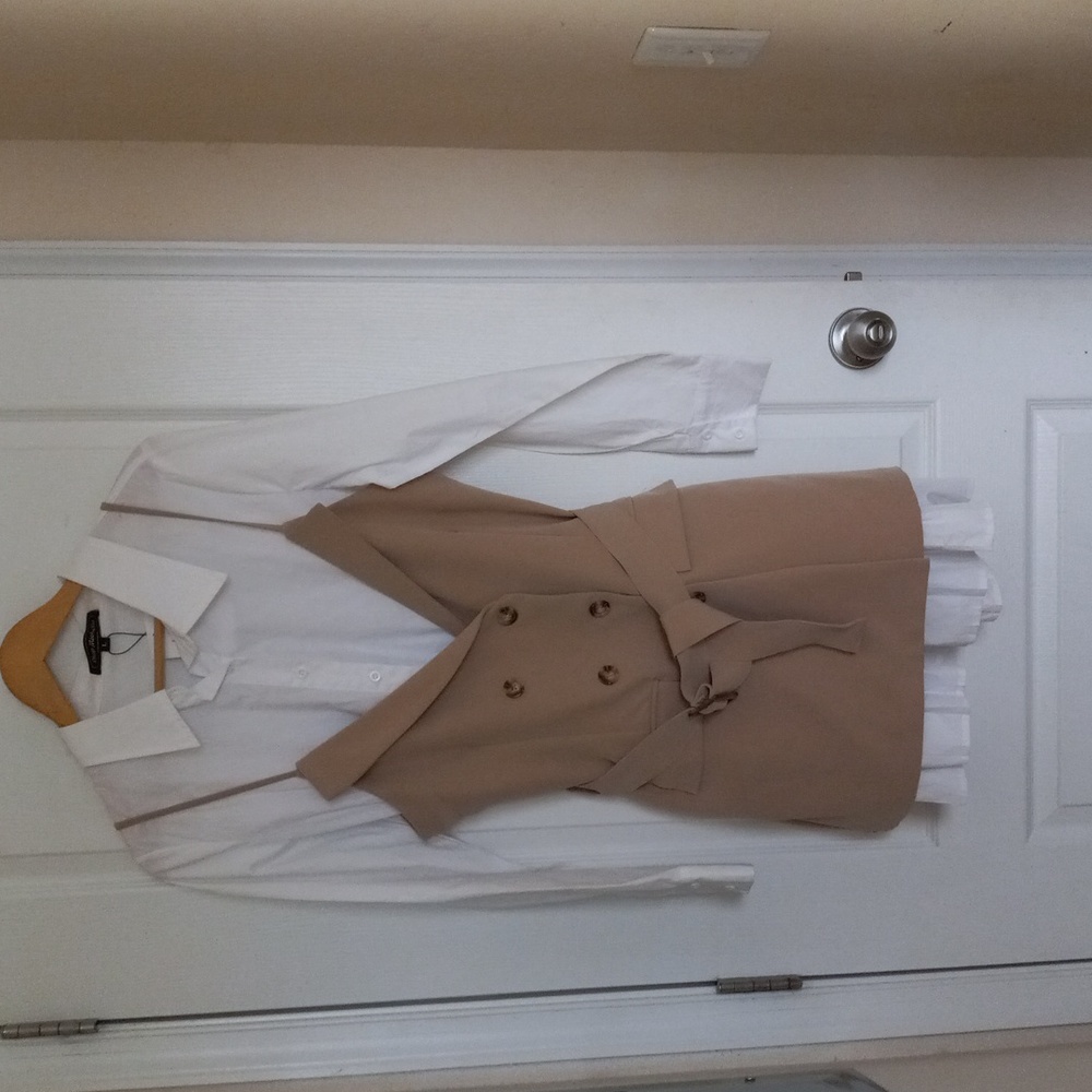 SHOP MICHELLA Monica Long Sleeve White Shirt Dress & Tan Belted Vest Set NWT